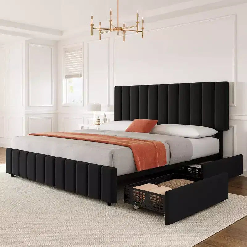 Struttura letto per materasso di circa 152 × 203 cm con testiera regolabile e 4 cassetti contenitore, struttura letto a piattaforma imbottita in lino, senza bisogno di rete a molle