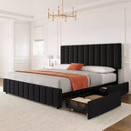 Bed Frame for approx. 152 × 203 cm mattress with Adjustable Headboard and 4 Storage Drawers, Linen Upholstered Platform Bed Frame, No Box Spring Needed
