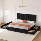 Struttura letto per materasso di circa 152 × 203 cm con testiera regolabile e 4 cassetti contenitore, struttura letto a piattaforma imbottita in lino, senza bisogno di rete a molle