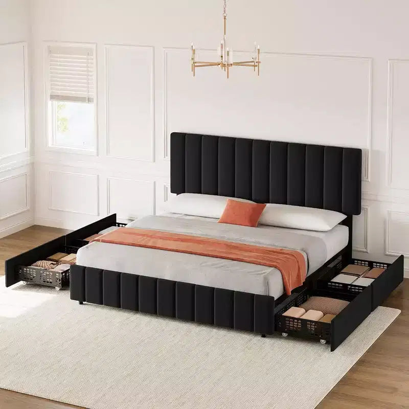 Struttura letto per materasso di circa 152 × 203 cm con testiera regolabile e 4 cassetti contenitore, struttura letto a piattaforma imbottita in lino, senza bisogno di rete a molle