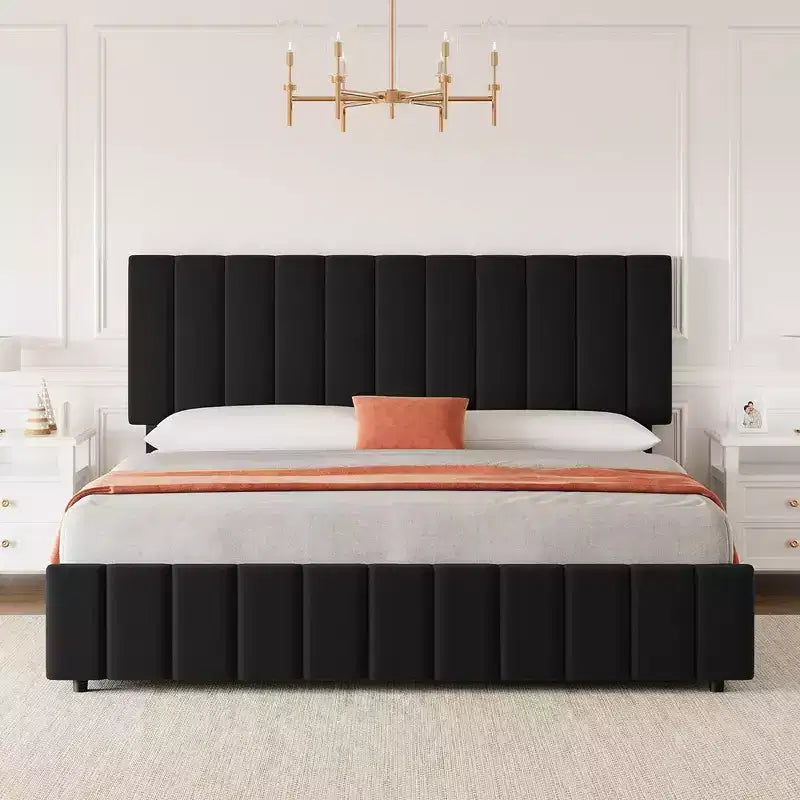 Struttura letto per materasso di circa 152 × 203 cm con testiera regolabile e 4 cassetti contenitore, struttura letto a piattaforma imbottita in lino, senza bisogno di rete a molle