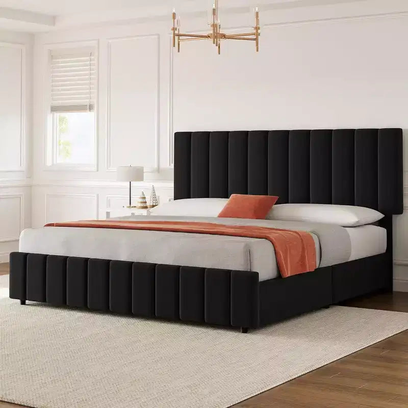 Struttura letto per materasso di circa 152 × 203 cm con testiera regolabile e 4 cassetti contenitore, struttura letto a piattaforma imbottita in lino, senza bisogno di rete a molle