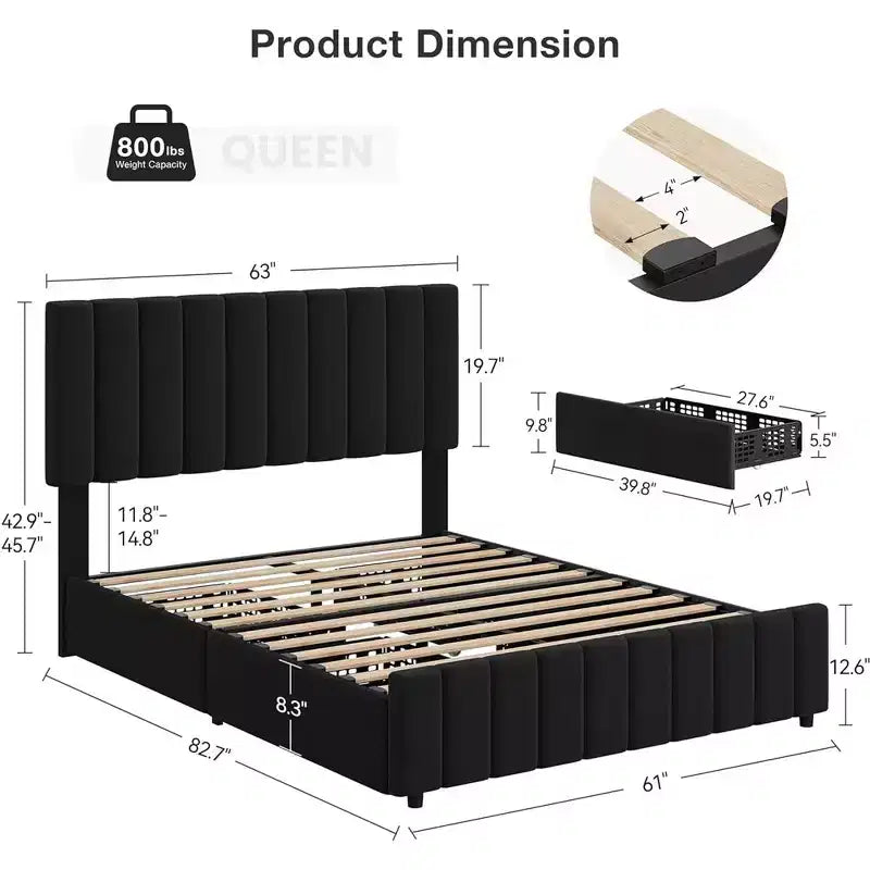 Struttura letto per materasso di circa 152 × 203 cm con testiera regolabile e 4 cassetti contenitore, struttura letto a piattaforma imbottita in lino, senza bisogno di rete a molle