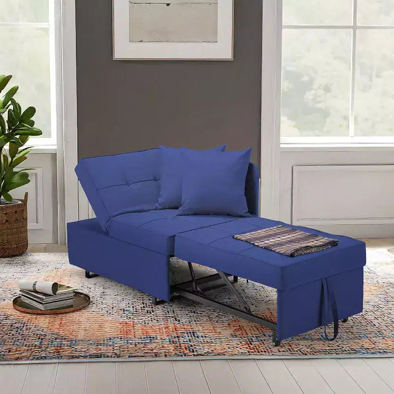 Divano letto con schienale regolabile in cinque posizioni, letto estraibile, tessuto del divano simile al lino.