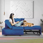 Divano letto con schienale regolabile in cinque posizioni, letto estraibile, tessuto del divano simile al lino.