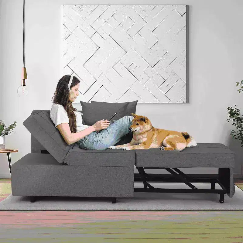 Divano letto con schienale regolabile in cinque posizioni, letto estraibile, tessuto del divano simile al lino.