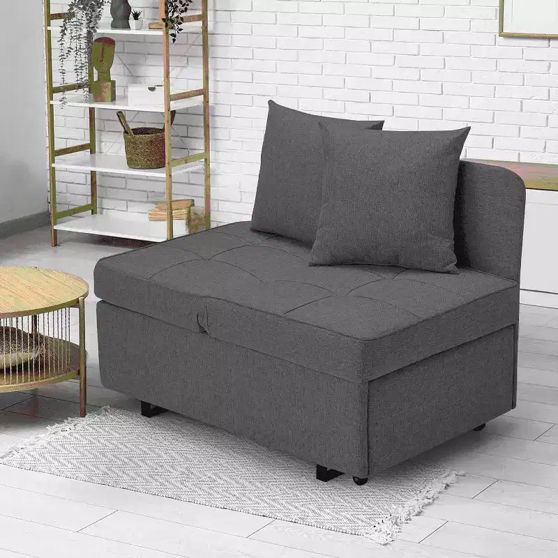 Divano letto con schienale regolabile in cinque posizioni, letto estraibile, tessuto del divano simile al lino.