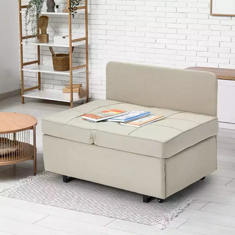 Divano letto con schienale regolabile in cinque posizioni, letto estraibile, tessuto del divano simile al lino.