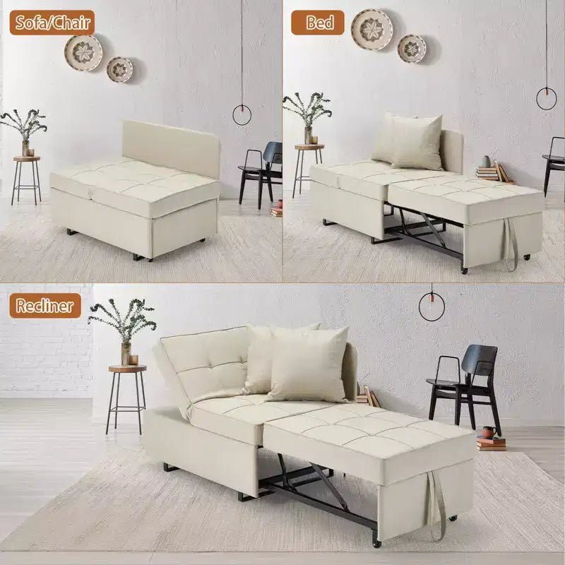 Divano letto con schienale regolabile in cinque posizioni, letto estraibile, tessuto del divano simile al lino.
