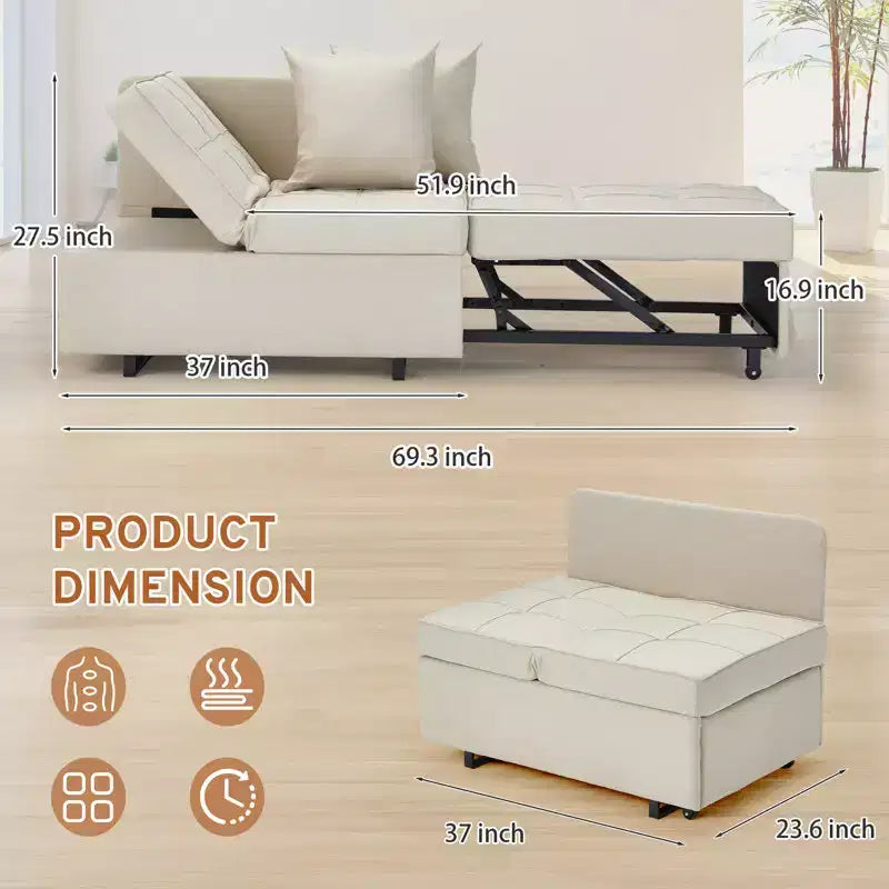 Poltrona Letto Trasformabile 3-in-1, Divano Letto Estraibile con Schienale Regolabile in 5 Posizioni e Tessuto in Finto Lino